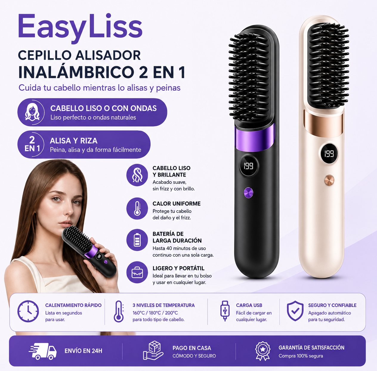 EasyLiss - Cepillo alisador de pelo inalámbrico