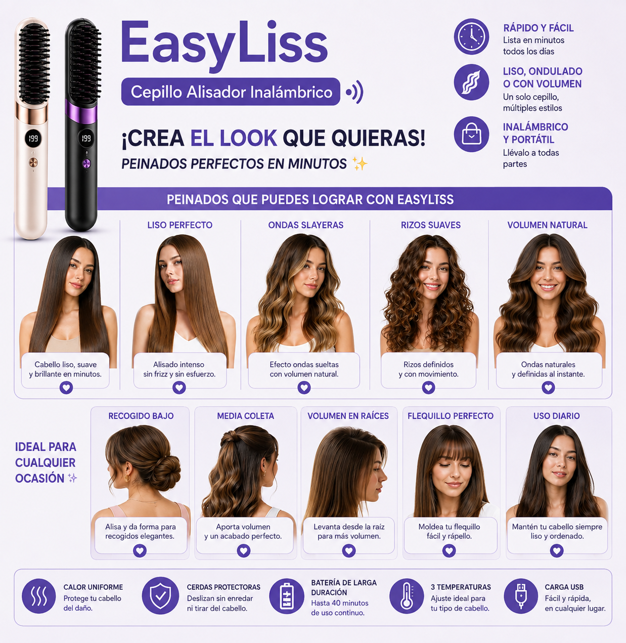 EasyLiss - Cepillo alisador de pelo inalámbrico
