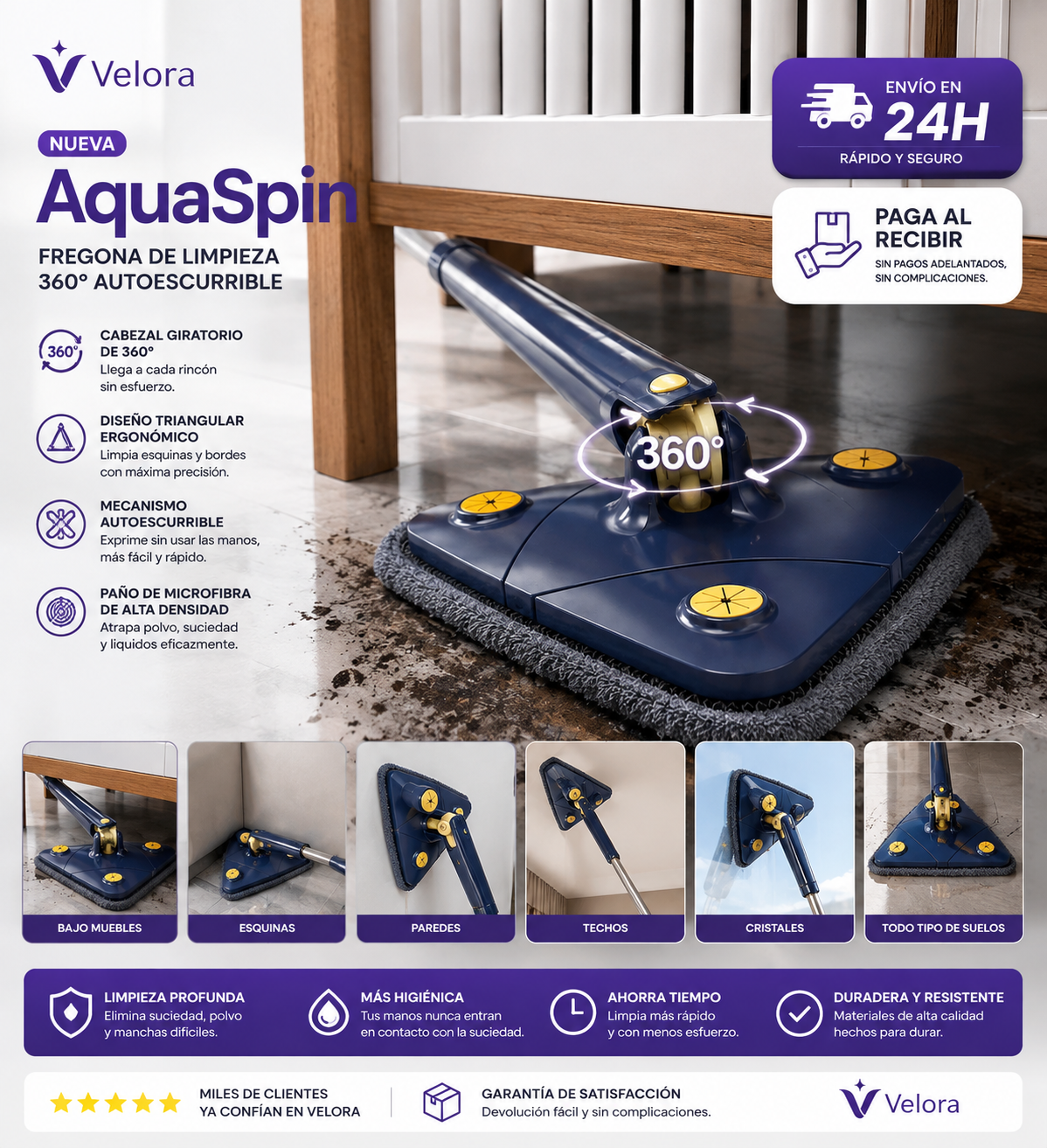 AquaSpin - Fregona de Limpieza telescópica 360° Autoescurrible.
